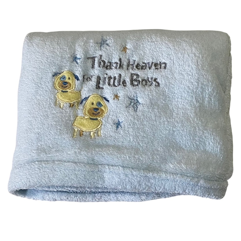Blue Plush Baby Blanket Thank Heaven for Little Boys Puppy Stars Soother Nursery